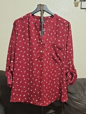 Zenobia Maroon Button-Front Blouse with White Floral Print